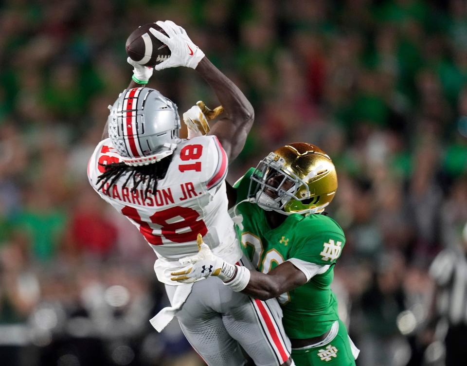 Officials ruled that Ohio State wide receiver Marvin Harrison Jr. failed to make a catch, but he drew a pass interference call against Notre Dame cornerback Benjamin Morrison on this second-quarter play Saturday.