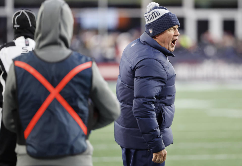 FOXBOROUGH, MASSACHUSETTS - DECEMBER 24: Head coach Bill Belichick of the New England Patriots reacts during the second half of the game against the Cincinnati Bengals at Gillette Stadium on December 24, 2022 in Foxborough, Massachusetts. (Photo by Winslow Townson/Getty Images)