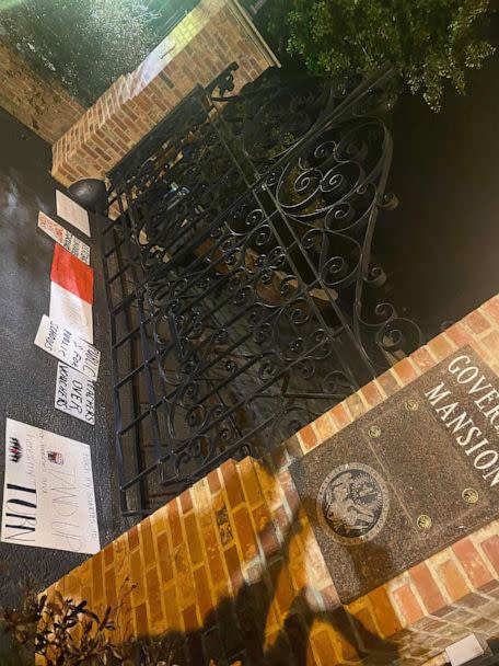 PHOTO: Homemade signs opposing school voucher policies were left in front of the Arkansas Governor’s Mansion in Little Rock, Ark., Feb. 20, 2023. (Obtained by ABC News)