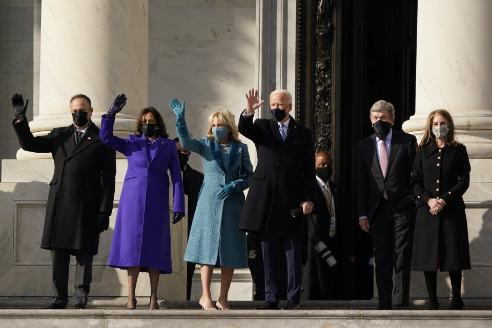 President-elect Joe Biden, his wife Jill Biden and Vice President-elect Kamala Harris and her husband Doug Emhoff arrive at the steps of the U.S. Capitol for the start of the official inauguration ceremonies, in Washington, Wednesday, Jan. 20, 2021. (AP Photo/J. Scott Applewhite)