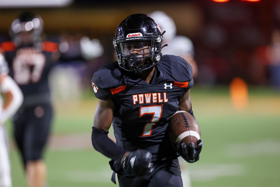 Powell's Markus Jackson runs against Anderson County during the second half at Powell High School on Aug. 18. The Panthers beat the Mavericks 35-21.