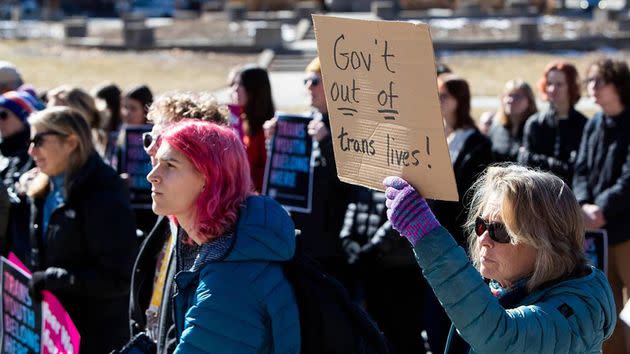 More than 300 people in February 2023 gathered in front of the Idaho Statehouse in opposition to anti-transgender legislation moving through the Idaho legislature.