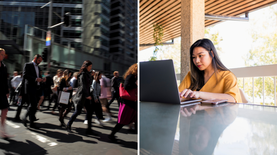 A woman is studying on a laptop wearing a yellow top - workers in the city cross the street