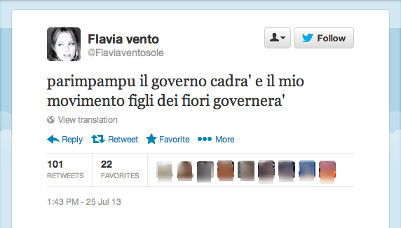 Il 25 luglio, la sigla. Un po' come l'inno di Forza Italia: «parimpampu il governo cadra' e il mio movimento figli dei fiori governera'».
