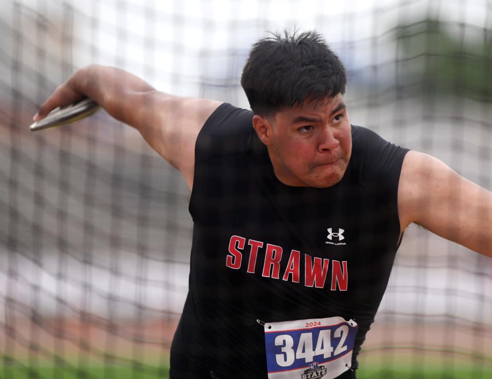 Strawn's Alex Hughes competes in the discus during the Class 1A UIL State track and field meet, Saturday, May 4, 2024, at Mike A. Myers Stadium in Austin.