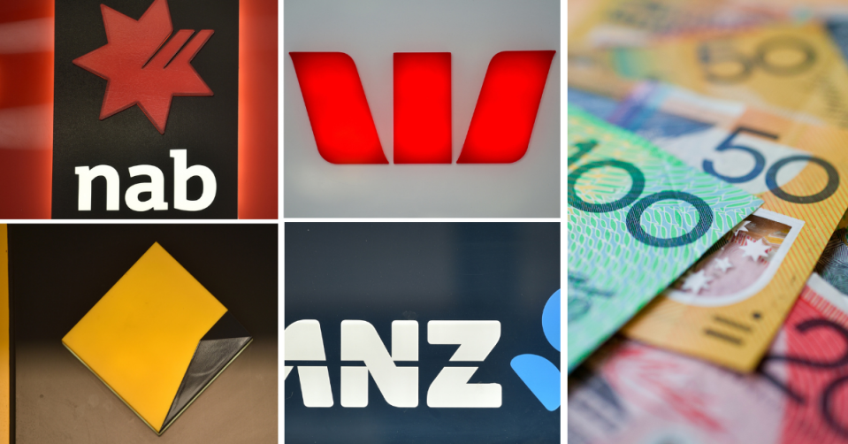 Logos of the big four banks and Australian money to signify different bank savings rates.