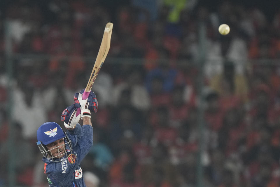 Lucknow Super Giants' Ayush Badoni plays a shot during the Indian Premier League cricket match between Sunrisers Hyderabad and Lucknow Super Giants in Hyderabad, India, Wednesday, May 8, 2024. (AP Photo/Mahesh Kumar A.)