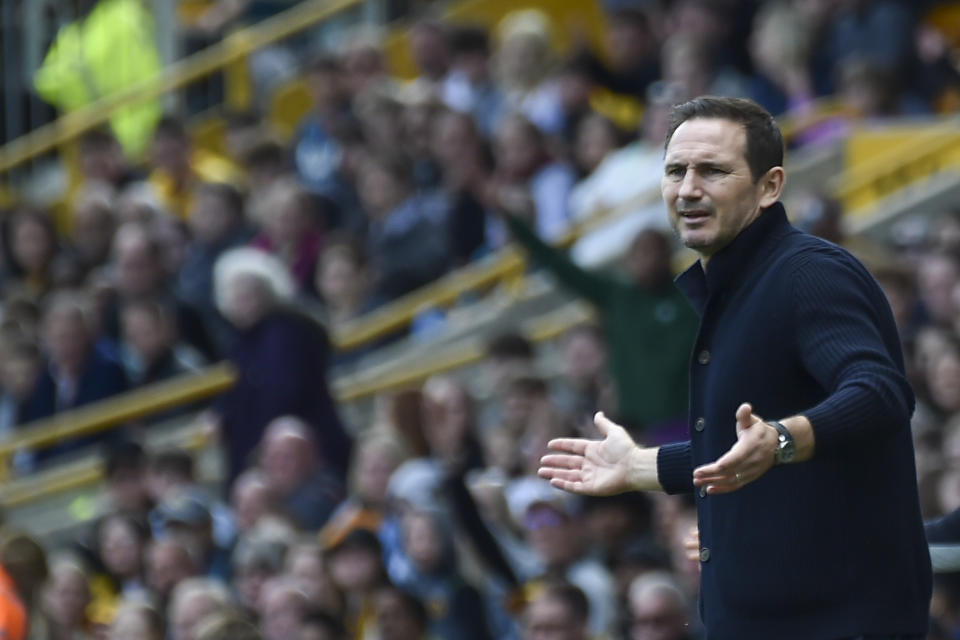 Chelsea's caretaker manager Frank Lampard reacts during the English Premier League soccer match between Wolverhampton Wanderers and Chelsea, at the Molineux Stadium, in Wolverhampton, England, Saturday, April 8, 2023. (AP Photo/Rui Vieira)