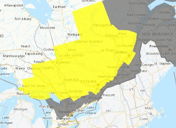 Weather watches, in yellow, and advisories cover most of the Ottawa-Gatineau region for Tuesday and, under the watches, Wednesday. 
