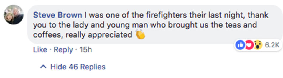 A firefighter wrote on the post, thanking the people who bought them drinks. Source: Facebook