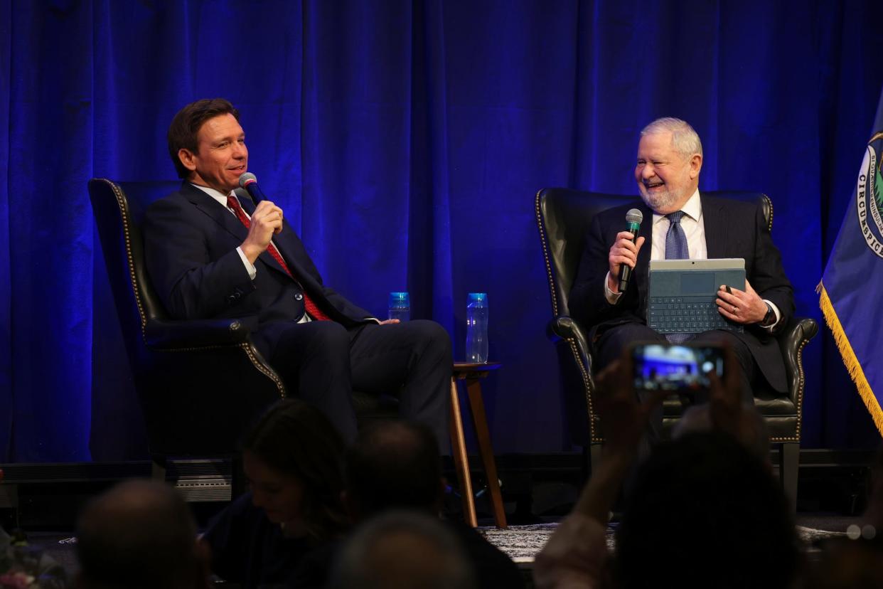 Florida Gov. Ron DeSantis, left, and Hillsdale College President Larry Arnn discuss DeSantis' new book, “The Courage to be Free: Florida’s Blueprint for America’s Revival," on April 6.