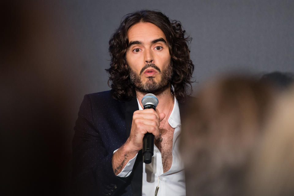 LONDON, ENGLAND - OCTOBER 14:  Russell Brand takes part in a discussion at Esquire Townhouse, Carlton House Terrace on October 14, 2017 in London, England.  (Photo by Jeff Spicer/Getty Images)