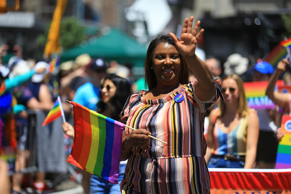 Attorney General Letitia James marches in the N.Y.C. Pride Parade in New York on June 30, 2019. (Photo: Gordon Donovan/Yahoo News) 