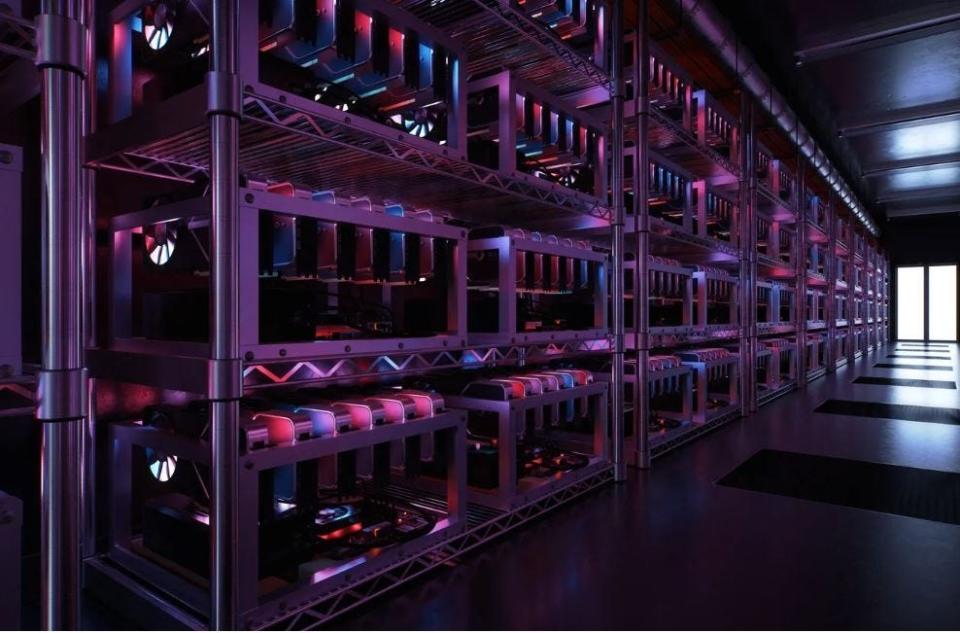 Cryptocurrency mining rigs in a data center.