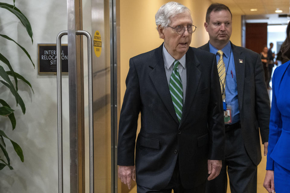 Senate Minority Leader Sen. Mitch McConnell, R-Ky., leaves a closed door briefing about leaked highly classified military documents, Wednesday, April 19, 2023, on Capitol Hill in Washington. (AP Photo/Jacquelyn Martin)