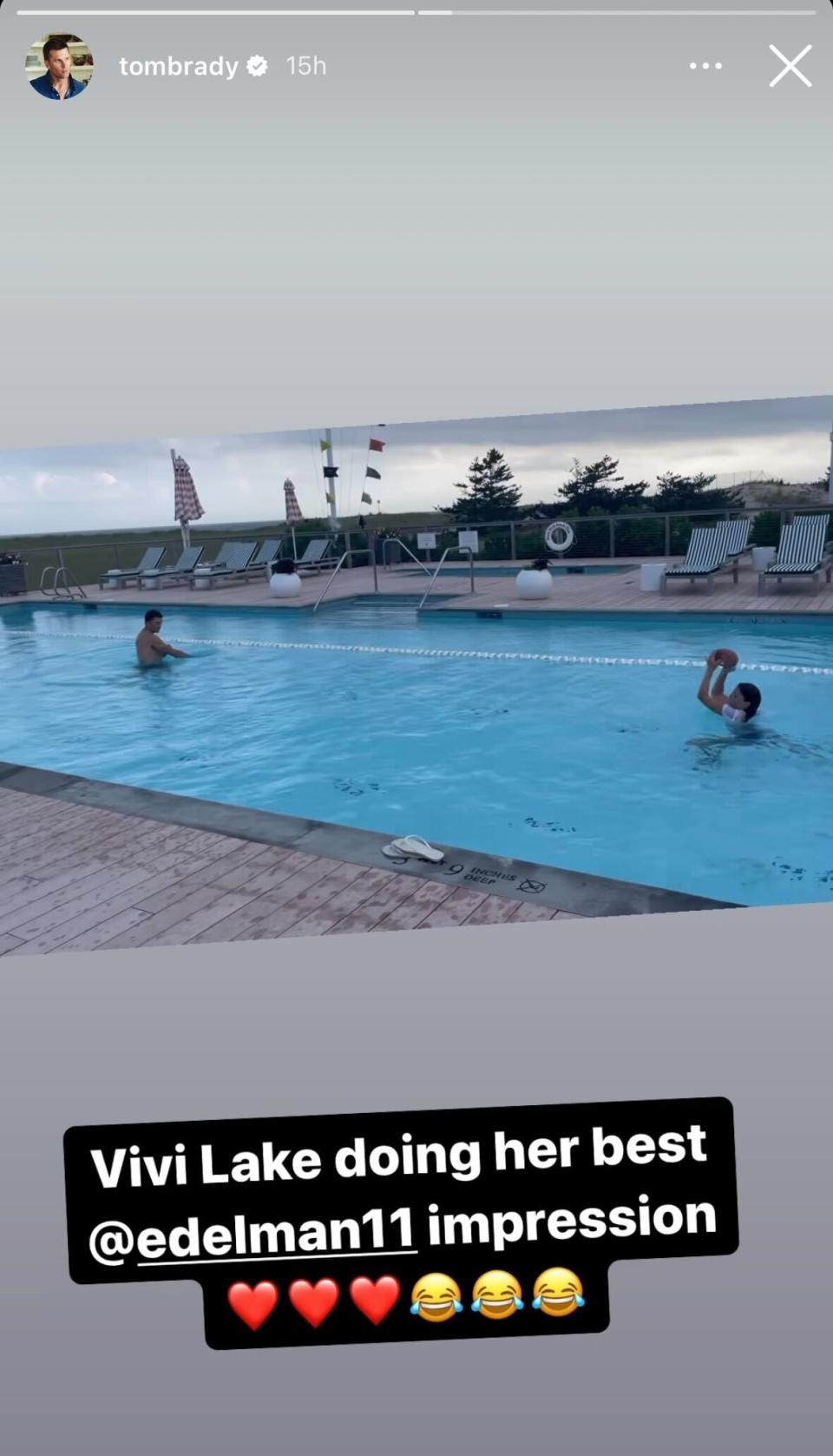 Tom Brady and daughter Vivian seem to be having the best time passing a football back and fourth across a long pool. (Instagram @tombrady)