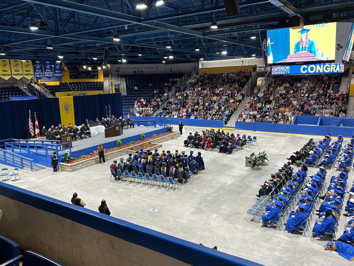 Student speaker Emilee McDaniel spoke to her fellow classmates about the struggles they faced during the pandemic on Saturday, May 4, 2024 during the Lake Superior State University commencement ceremony.