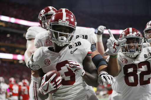 Alabama’s Calvin Ridley celebrates his touchdown catch during the second half of the NCAA college football playoff championship game against Georgia Monday, Jan. 8, 2018, in Atlanta. (AP Photo/David Goldman)