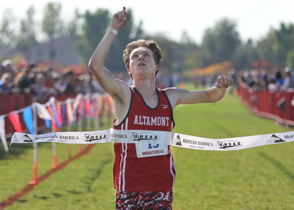 Ashton Arnold of Altamont wins the 1A boys cross-country state championship at the Regional Athletic Complex in Rose Park on Tuesday, Oct. 24, 2023. | Jeffrey D. Allred, Deseret News
