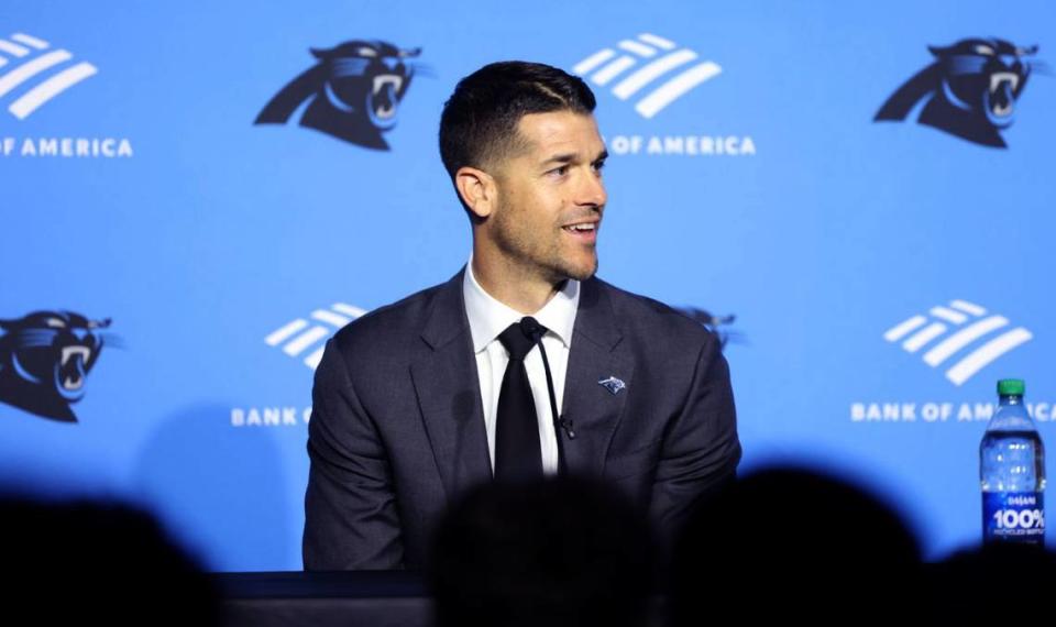 Panthers new Head Coach Dave Canales speaks to members of the media after he was introduced as the Panthers new head coach Thursday morning, Feb. 01, 2024.