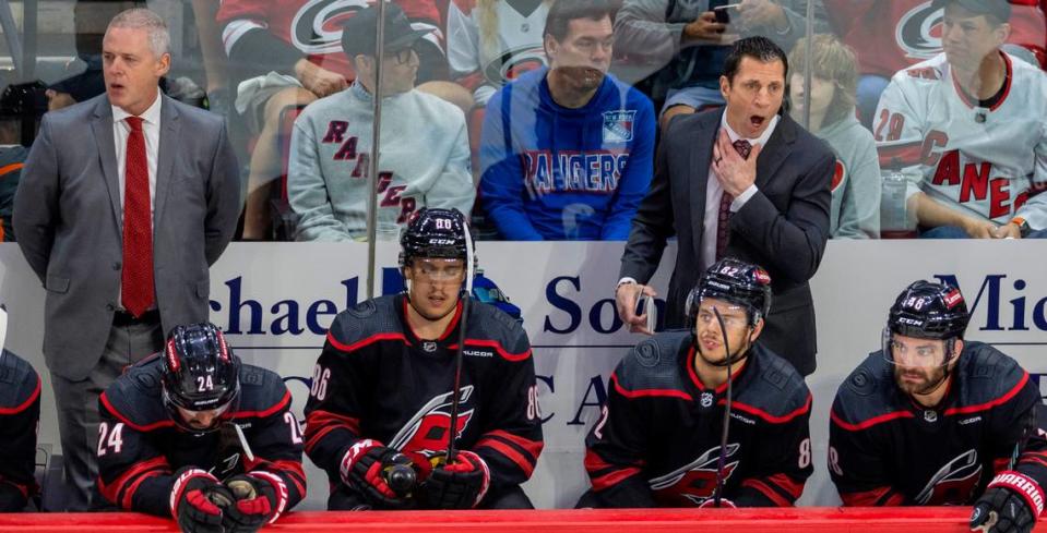 Carolina Hurricanes coach Rod Brind’Amour directs his players early in the third period against the New York Rangers in Game 6 of the second round of the 2024 Stanley Cup playoffs on Thursday, May 16, 2024 at PNC Arena in Raleigh N.C.