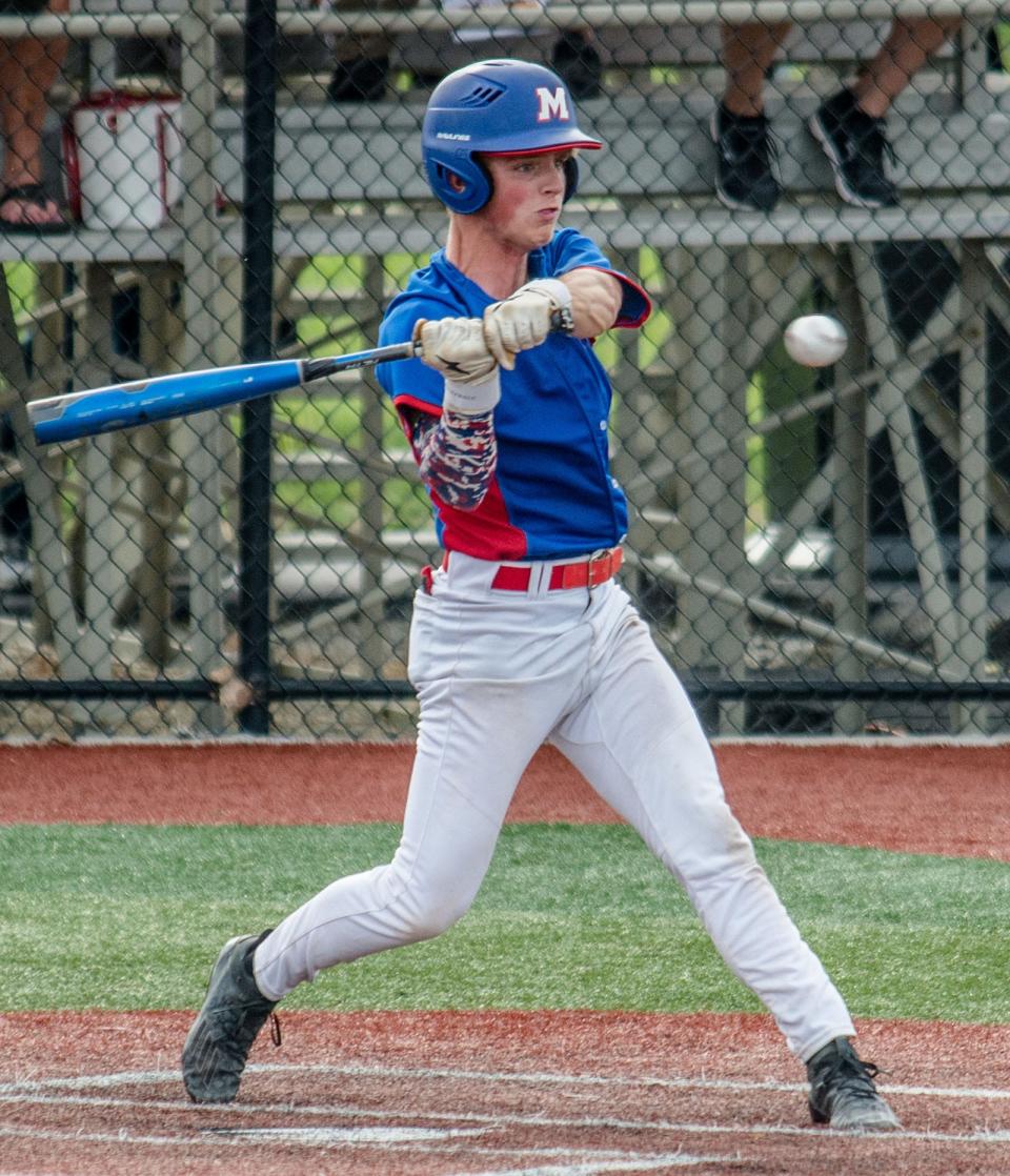 Martinsville junior Andrew Payton swings at a pitch during his team's sectional game against Center Grove on Wednesday, May 26, 2021. (Eric Scott Miller / Correspondent)