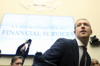 Facebook CEO Mark Zuckerberg arrives to testify before a House Financial Services Committee hearing on Capitol Hill in Washington, Wednesday, Oct. 23, 2019, on Facebook's impact on the financial services and housing sectors. (AP Photo/Andrew Harnik)