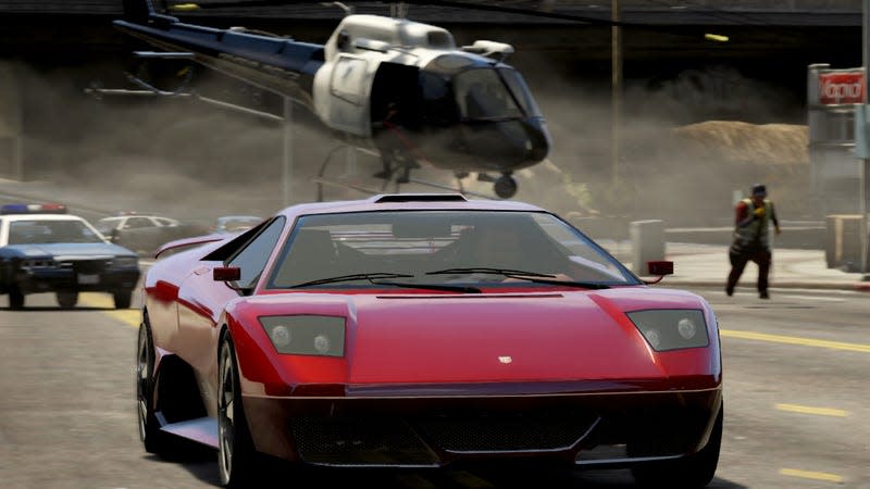 A GTA V luxury sports car speeds away from police, including a helicopter.