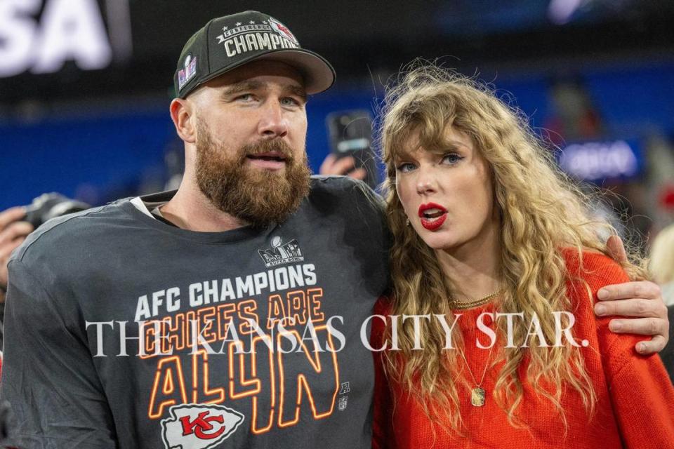 Swifties reminded the world Sunday that “karma is the guy on the Chiefs” after Kansas City beat the Baltimore Ravens to earn a trip to another Super Bowl. Here, Taylor Swift met her boyfriend, tight end Travis Kelce, on the field after the game.