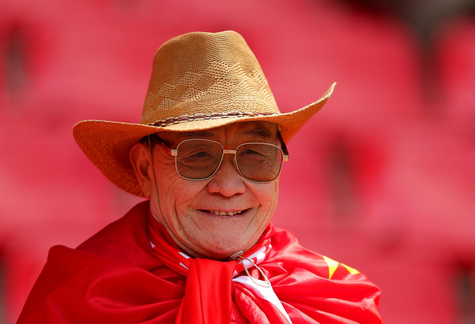 A fan of China looks on prior to the 2019 FIFA Women's World Cup France group B match between Germany and China PR at Roazhon Park on June 08, 2019 in Rennes, France. (Photo by Richard Heathcote/Getty Images)