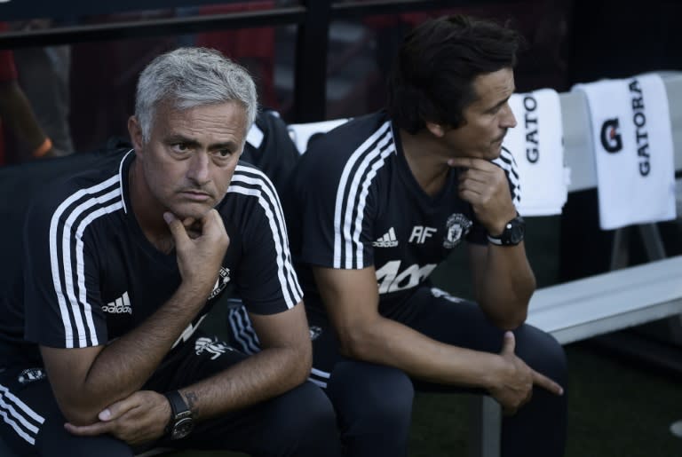 Manchester United manager Jose Mourinho (left) watches his team take on Barcelona in Landover, Maryland, on July 26, 2017