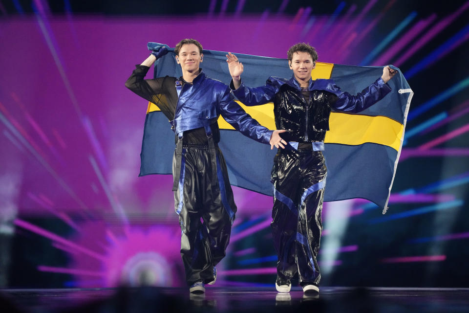 Marcus & Martinus of Sweden pose during the flag parade, ofthe the Grand Final of the Eurovision Song Contest in Malmo, Sweden, Saturday, May 11, 2024. (AP Photo/Martin Meissner)