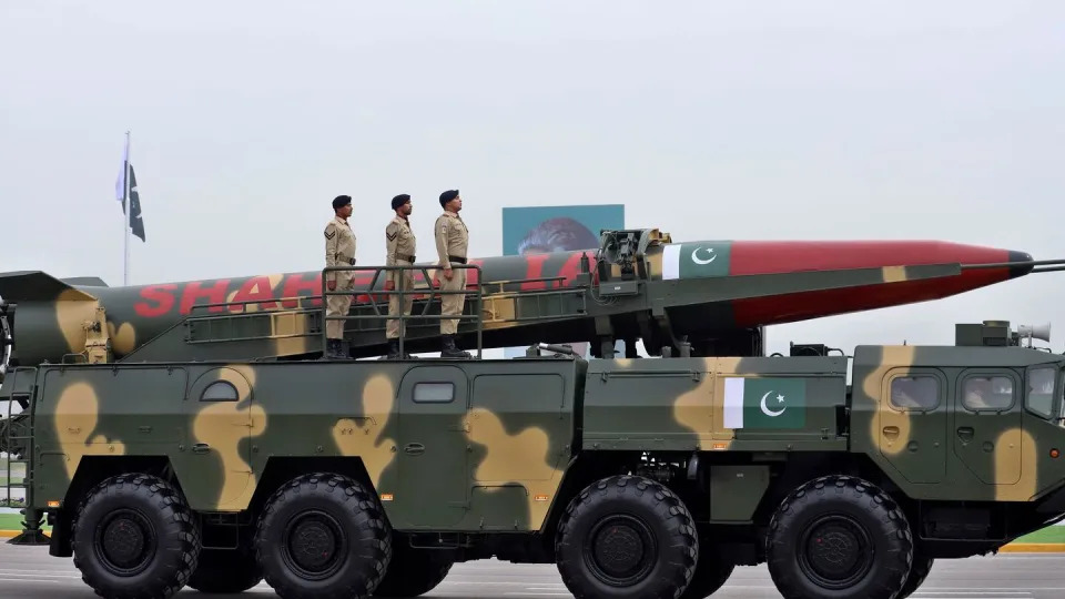 A Pakistani-made Shaheen-IA missile, capable of carrying nuclear warheads, and its launcher take part in a March 23, 2024, military parade in Islamabad, Pakistan. (AP)