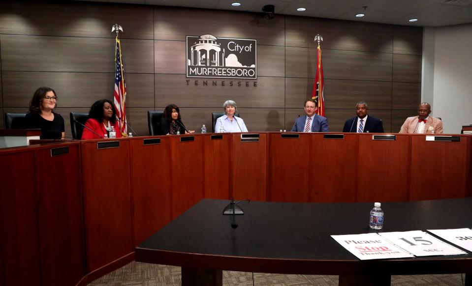 Murfreesboro City Council candidates wait for a political forum for Murfreesboro City Council candidates, to start on Tuesday, June 7, 2022, at City Hall in Murfreesboro. The event was hosted by the League of Women Voters in partnership with Murfreesboro CityTV. Candidates at the forum were Jami Averwater, Carolyn Cox, Madelyn Scales Harris, Austin Maxwell, Warren Russell, and Ricky Turner. Murfreesboro City Council candidate Samantha Sourinho was absent due to illness.