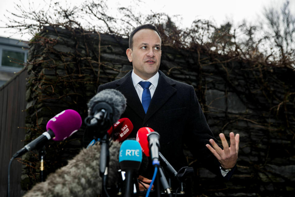 Irish Prime Minister Leo Varadkar speaks to the media ahead of talks with Northern Ireland's five main political parties at the Irish Government residence in Belfast, Friday Feb. 8, 2019. (Liam McBurney/PA via AP)