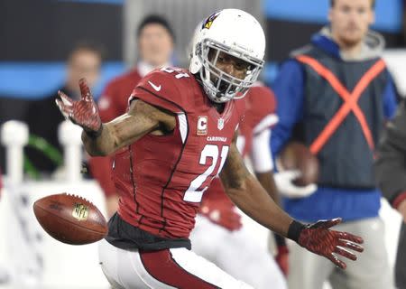 Jan 24, 2016; Charlotte, NC, USA; Arizona Cardinals cornerback Patrick Peterson (21) watches a loose ball during the second quarter against the Carolina Panthers in the NFC Championship football game at Bank of America Stadium. Mandatory Credit: John David Mercer-USA TODAY Sports / Reuters Picture Supplied by Action Images