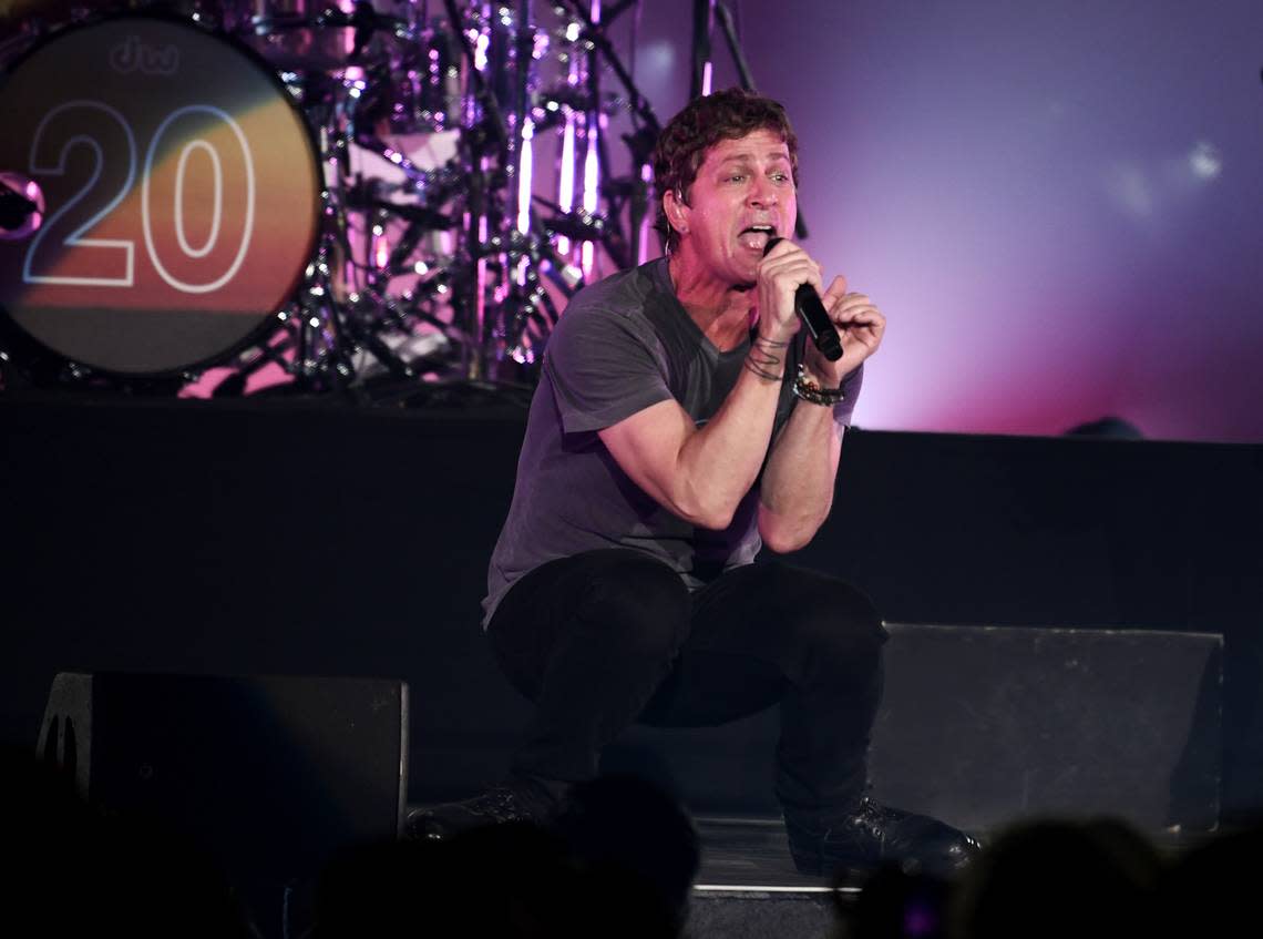 Drenched in sweat, Rob Thomas performs with Matchbox 20 on their “Slow Dream Tour” to Raleigh, N.C.’s Coastal Credit Union Music Park at Walnut Creek, Wednesday night, July 12, 2023.