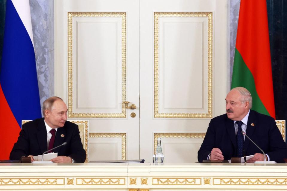 Russian President Vladimir Putin and his Belarusian counterpart Alexander Lukashenko attend a meeting of the Supreme State Council of the Union State of Russia and Belarus, in Saint Petersburg on Jan. 29, 2024. (Vyacheslav Prokofyev/POOL/AFP via Getty Images)