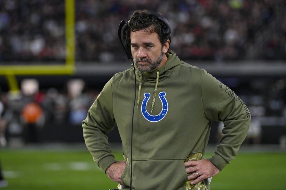 Indianapolis Colts interim head coach Jeff Saturday on the sideline in the second half of an NFL football game against the Las Vegas Raiders n Las Vegas, Fla., Sunday, Nov. 13, 2022. (AP Photo/David Becker)