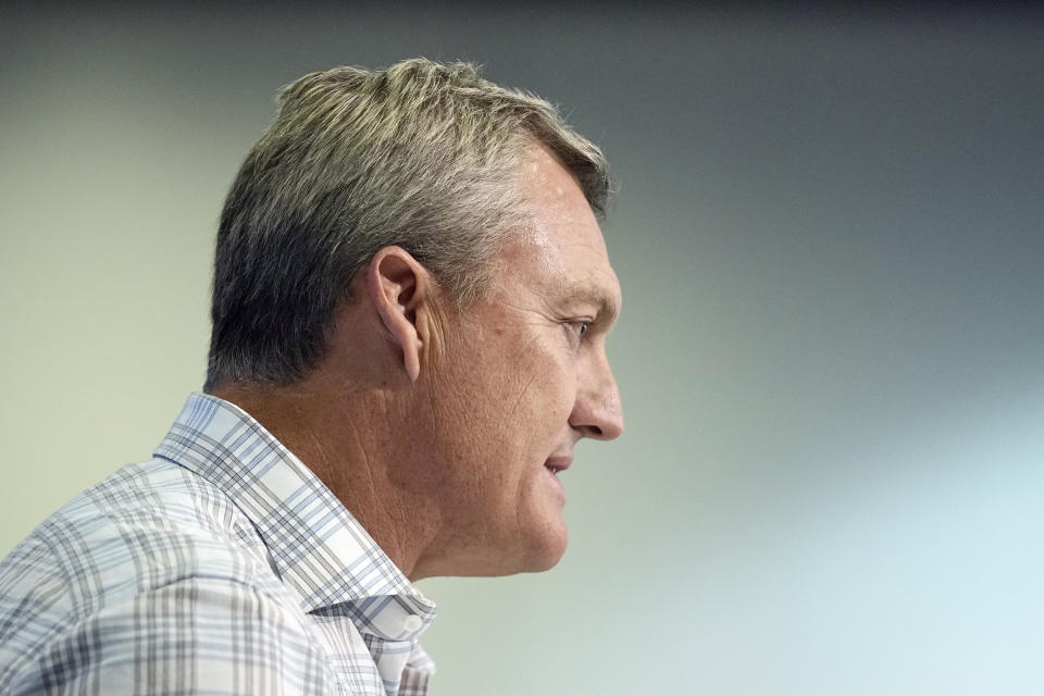 San Francisco 49ers general manager John Lynch speaks during a news conference at the NFL football scouting combine, Tuesday, Feb. 27, 2024, in Indianapolis. (AP Photo/Darron Cummings)