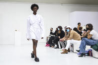 A model wears a creation for the Gauchere Spring-Summer 2021 fashion collection, Wednesday, Sept. 30, 2020, during Paris fashion week. (Photo by Vianney Le Caer/Invision/AP)