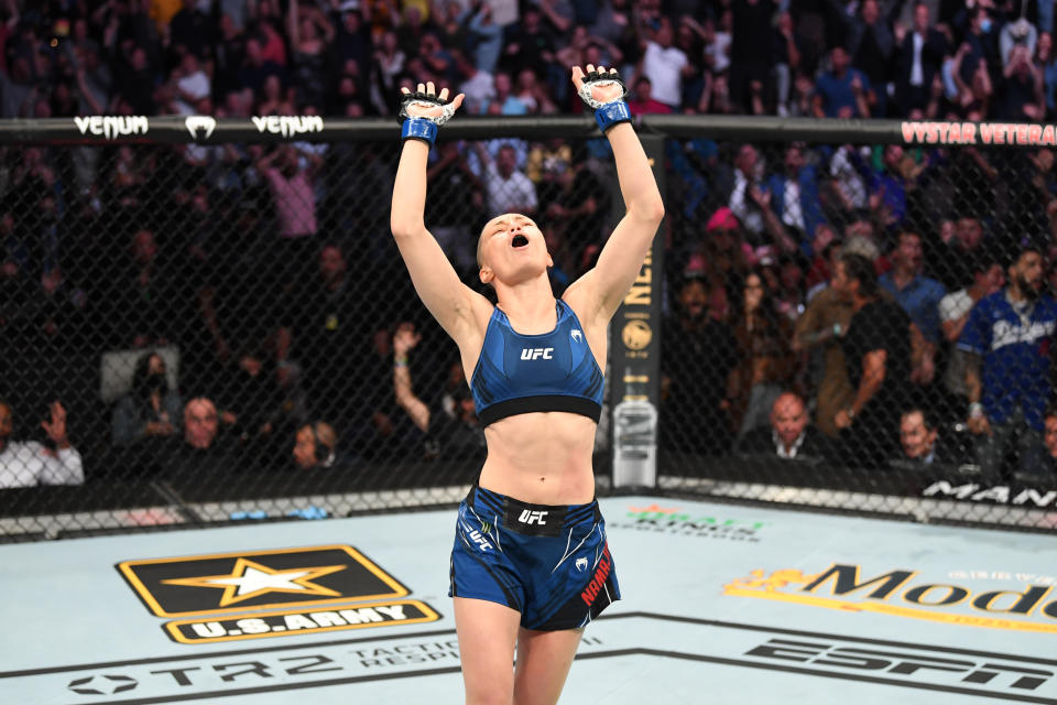 JACKSONVILLE, FLORIDA - APRIL 24: Rose Namajunas reacts after defeating Zhang Weili of China in their UFC women's strawweight championship bout during the UFC 261 event at VyStar Veterans Memorial Arena on April 24, 2021 in Jacksonville, Florida. (Photo by Josh Hedges/Zuffa LLC)