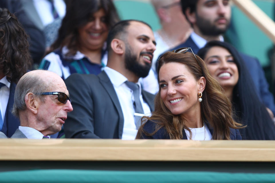 LONDON, ENGLAND - JULY 02: HRH Catherine, The Duchess of Cambridge, Patron of the All England Lawn Tennis Club watches on from Centre Court during Day Five of The Championships - Wimbledon 2021 at All England Lawn Tennis and Croquet Club on July 02, 2021 in London, England. (Photo by Julian Finney/Getty Images)