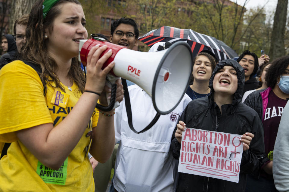 Harvard University students chant while rallying on May 4 in Cambridge, Mass. 