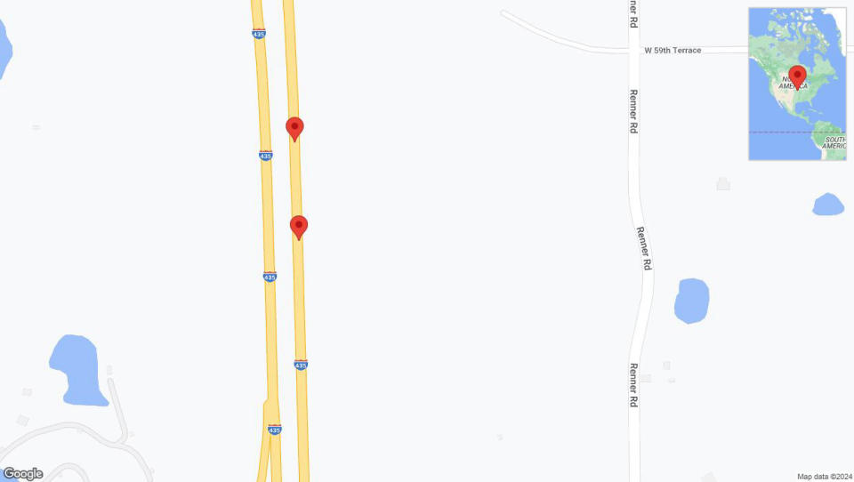 A detailed map that shows the affected road due to 'Broken down vehicle on northbound I-435 in Shawnee' on July 18th at 2:07 p.m.