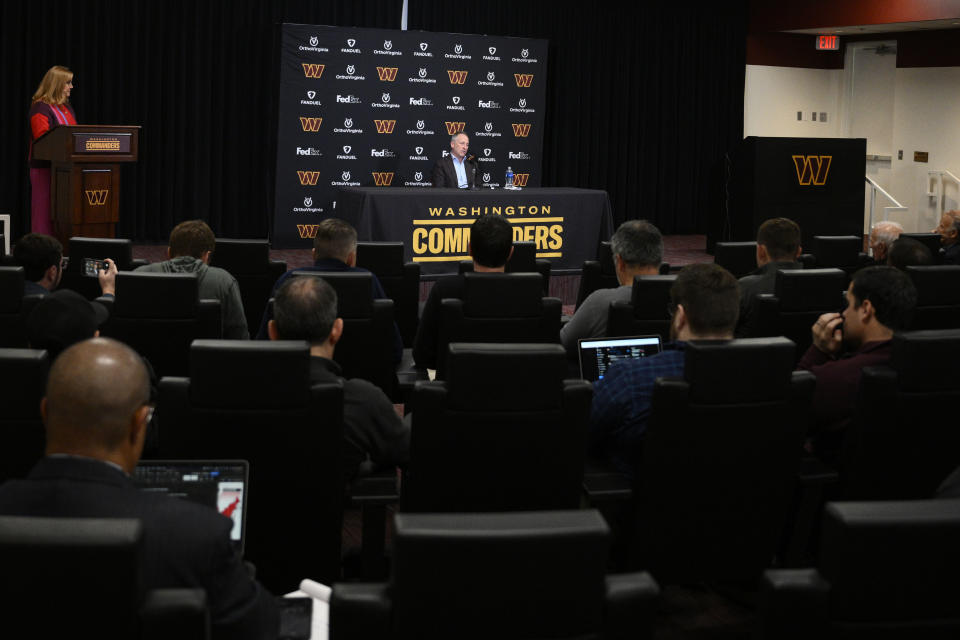 Washington Commanders controlling owner Josh Harris speaks to the media during an NFL football press conference, Monday, Jan. 8, 2024 in Ashburn, Va. (AP Photo/Nick Wass)