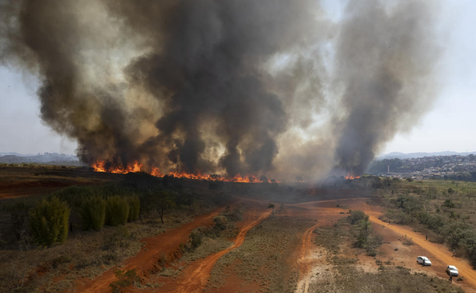Fire consumes part of the Juquery Park in Franco da Rocha, greater Sao Paulo area, Brazil, Monday, Aug. 23, 2021. According with the Fire Department an illegal paper hot air balloon landed in the area on Sunday, igniting and destroying more than half of the park. (AP Photo/Andre Penner)