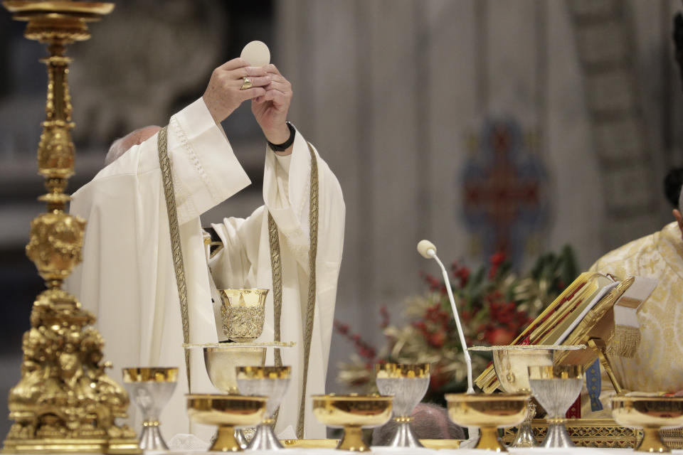 Pope Francis celebrates an Epiphany Mass in St. Peter's Basilica at the Vatican, Monday, Jan. 6, 2020. (AP Photo/Andrew Medichini)