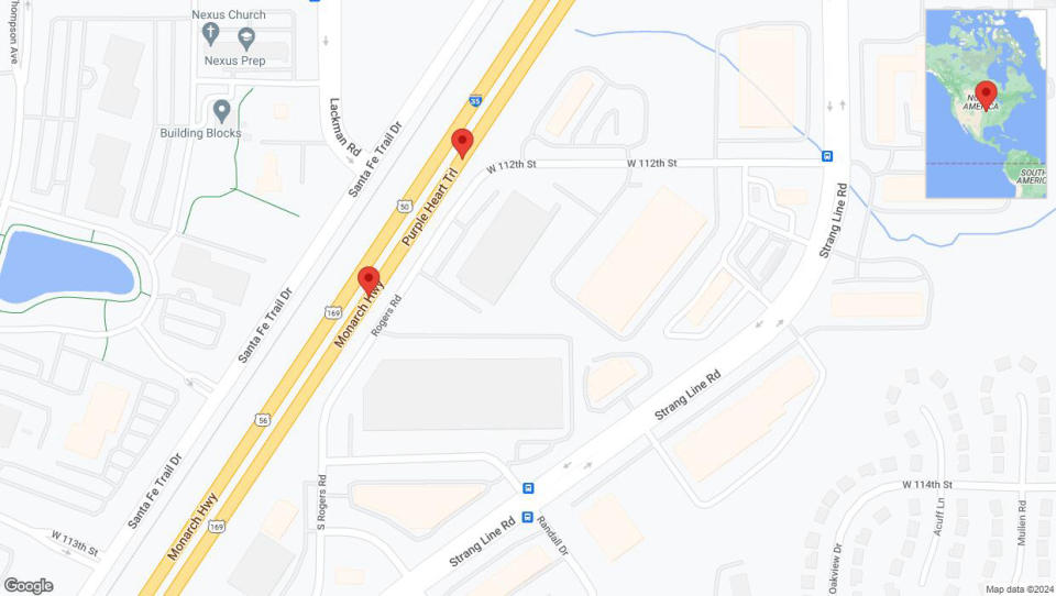 A detailed map that shows the affected road due to 'Broken down vehicle on eastbound I-35 in Lenexa' on July 16th at 7:08 p.m.