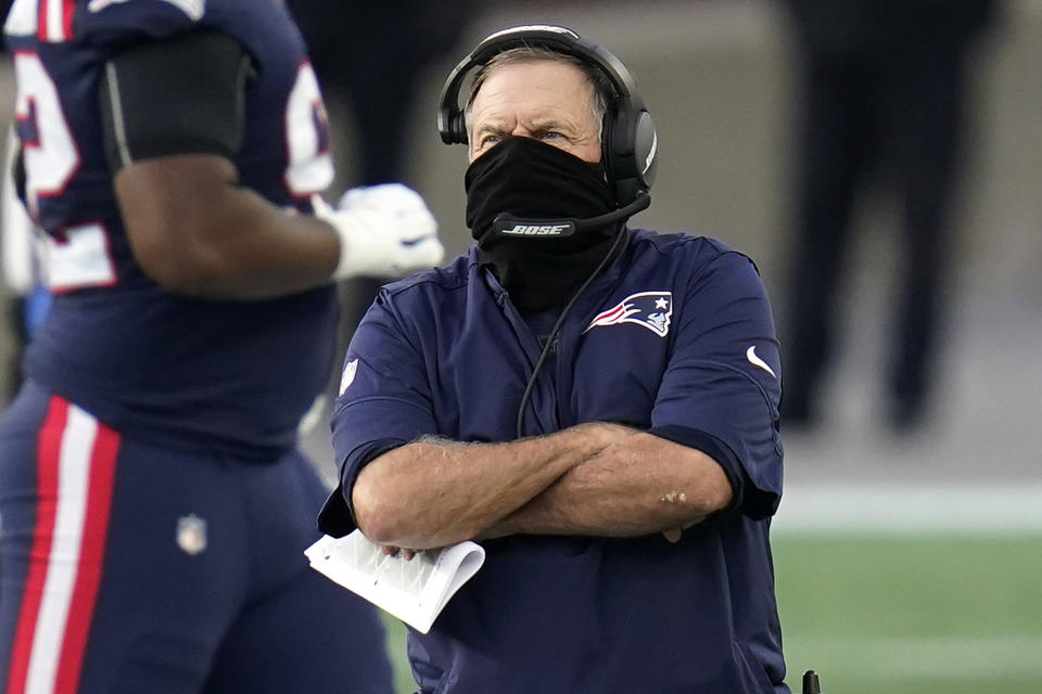 New England Patriots head coach Bill Belichick watches from the sideline in the first half of an NFL football game against the San Francisco 49ers, Sunday, Oct. 25, 2020, in Foxborough, Mass. (AP Photo/Charles Krupa)